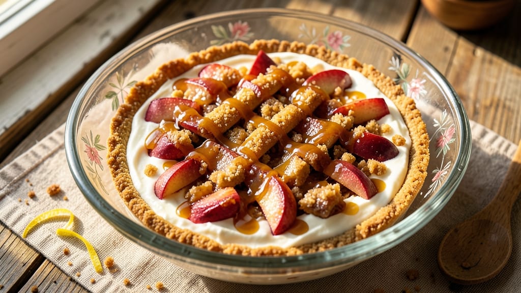 Apple Crisp Cheesecake No-Bake Recipe: Warm Spiced Topping Over Silky Vanilla Cream